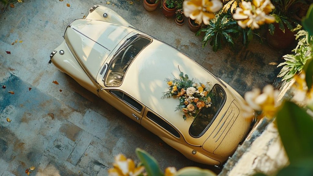 Décoration naturelle pour voiture de mariage champêtre élégante